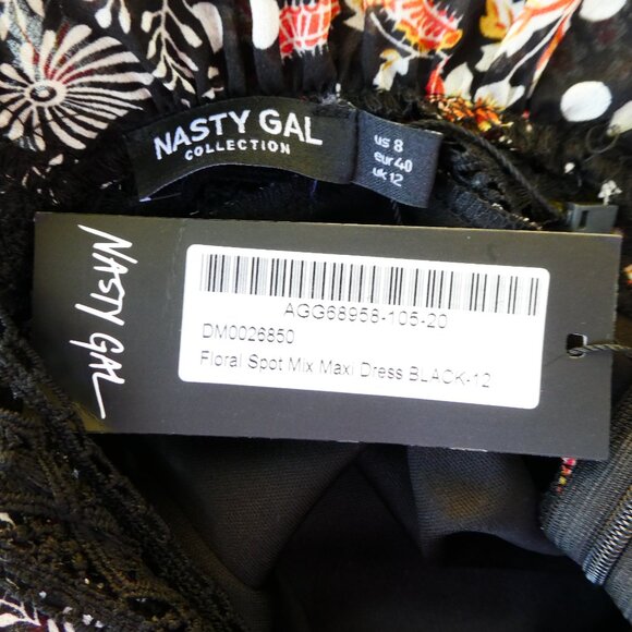NEW Nasty Gal Collection Maxi Dress Floral Spot Mix Black Crochet Inset US 8 - Picture 6 of 7